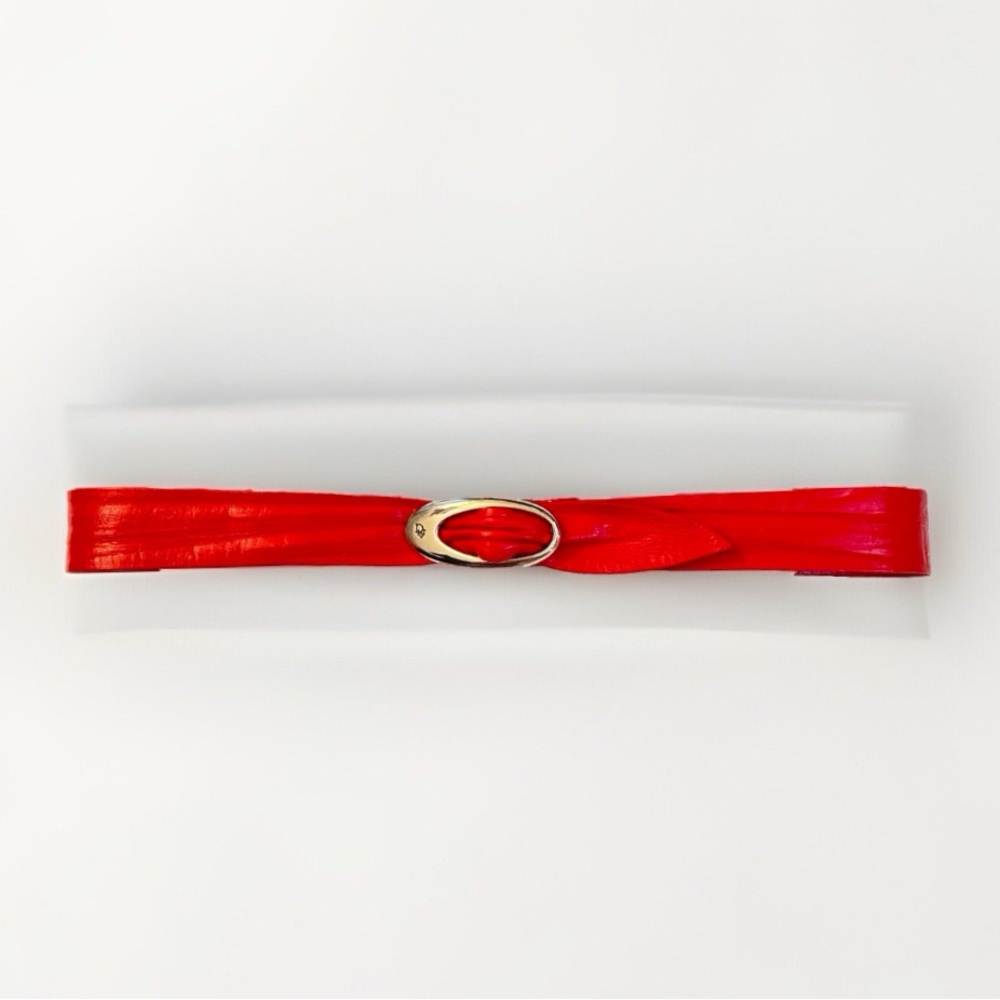 VINTAGE CHRISTIAN DIOR RED LEATHER SILVER CIRCLE BUCKLE BELT - Picture 2 of 7